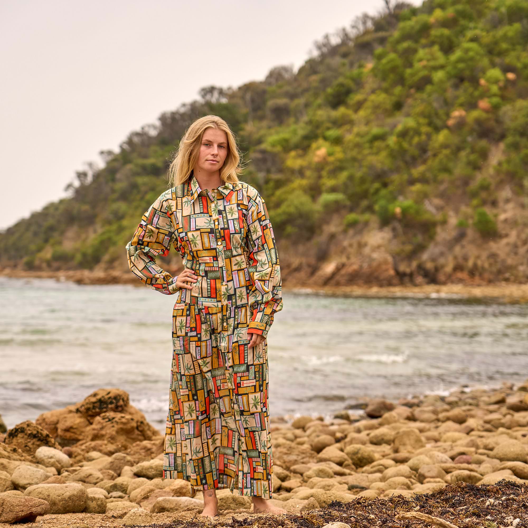 Boho geometric shirt maxi dress with relaxed fit