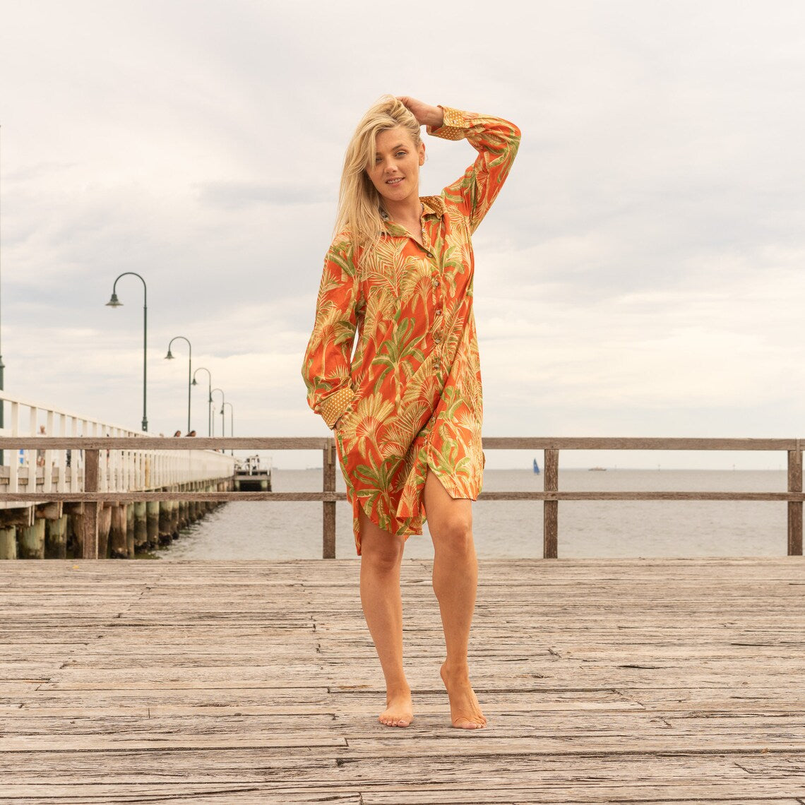ORANGE SERENADE WOMEN'S COTTON LONG SHIRT DRESS - ONE SIZE