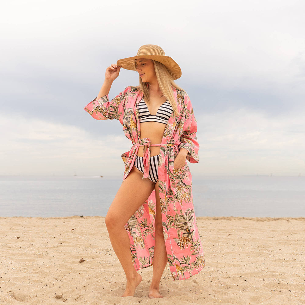 ‘JUNGLE SAFARI PINK' Women's Cotton Kimono Robe