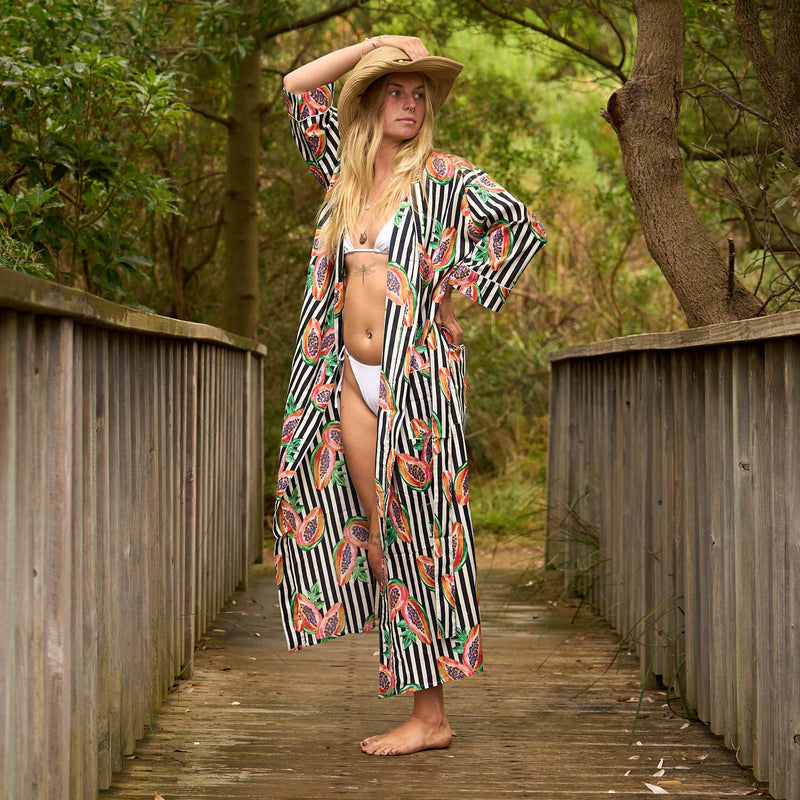 Papaya Paradise Kimono Robe - Lightweight Cotton Resortwear