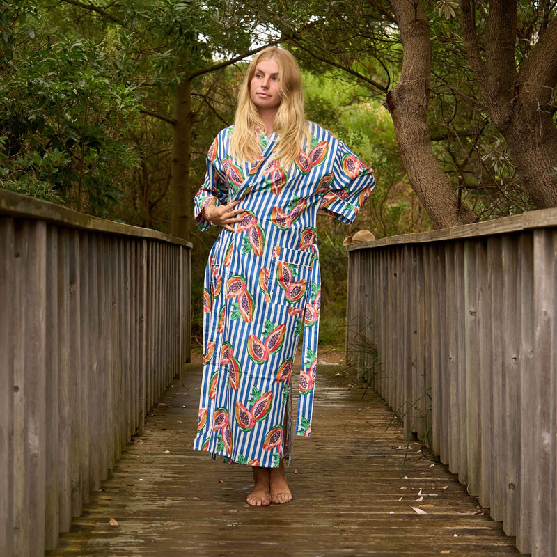 Tropical Papaya Print Kimono Robe - Lightweight Cotton Beach Cover-Up