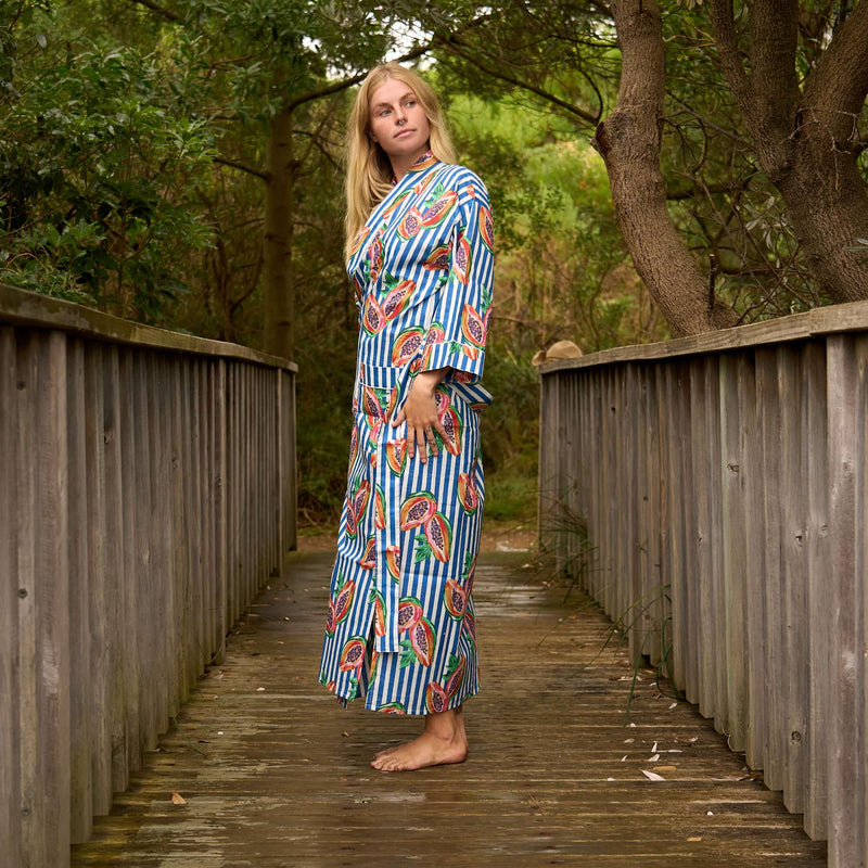 Tropical Papaya Print Kimono Robe - Lightweight Cotton Beach Cover-Up