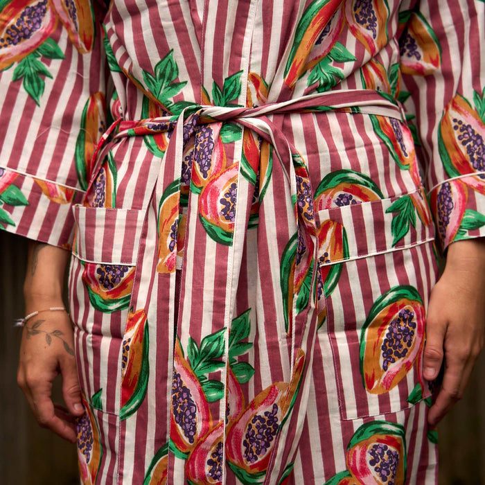 Papaya Pink Stripe Cotton Kimono Robe