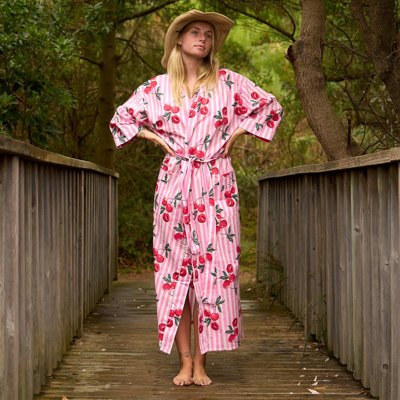 Women's Pink Cherry Kimono Robe - Lightweight Cotton Cover-Up