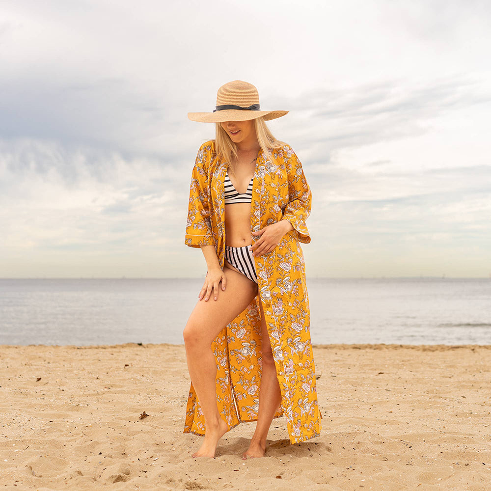 MUSTARD FLORAL' Women's Cotton Kimono Robe
