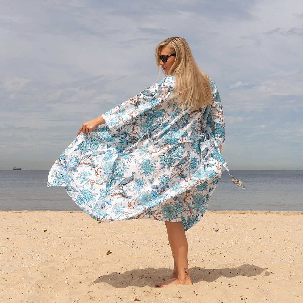 BLUE PEACOCK' Women's Cotton Kimono Robe