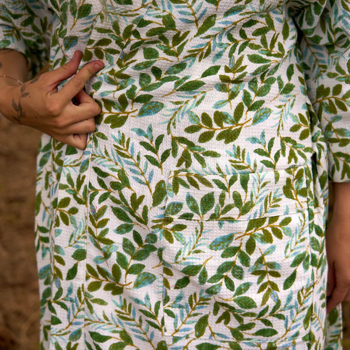 Whispering Leaves Cotton Kimono Robe - White & Green