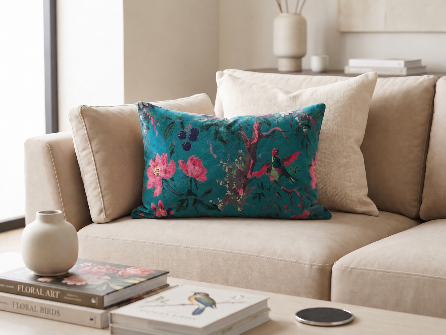 30x50cm teal bird pattern lumbar cushion cover for home décor