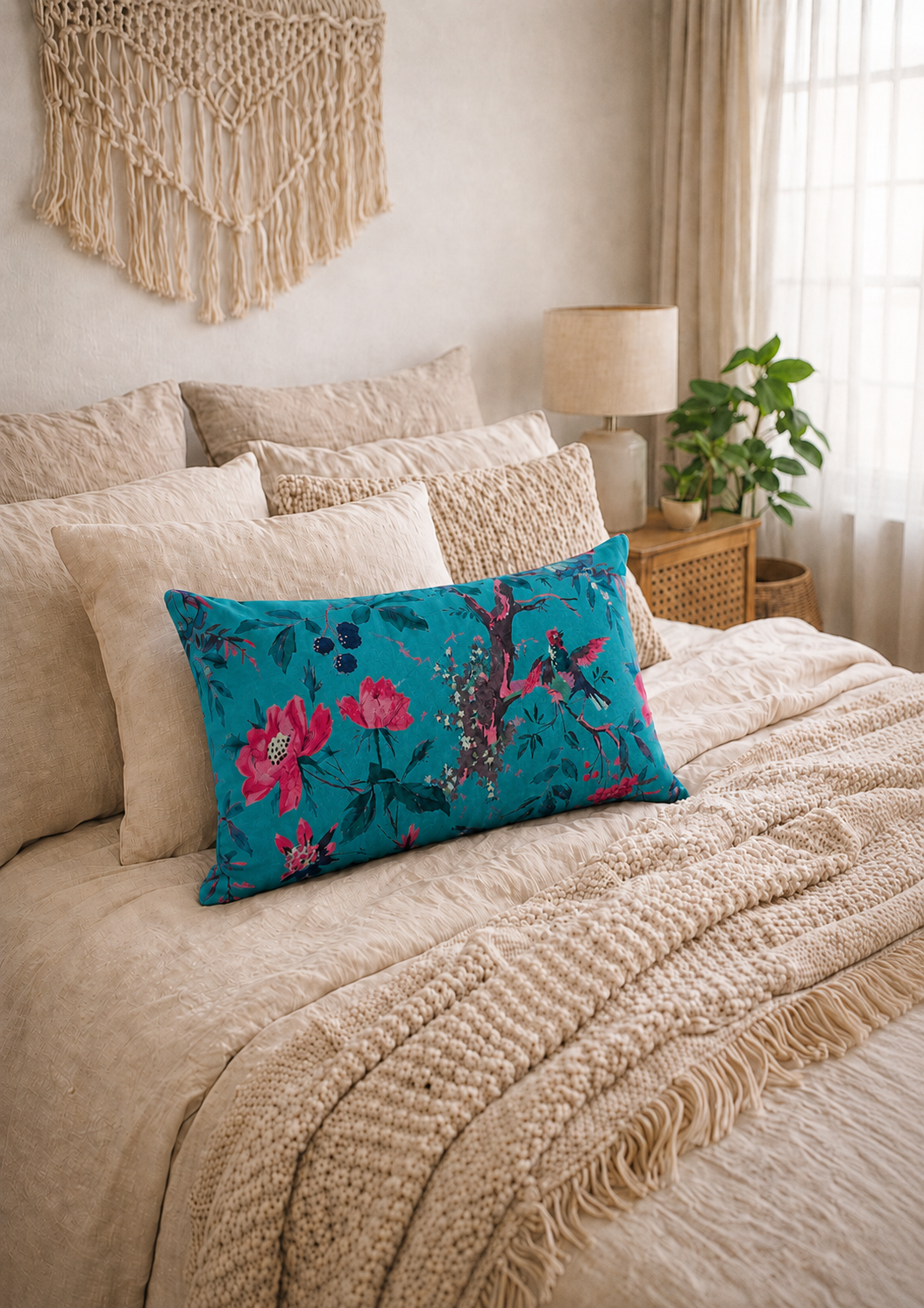 Craftluxe teal bird and floral velvet cushion cover
