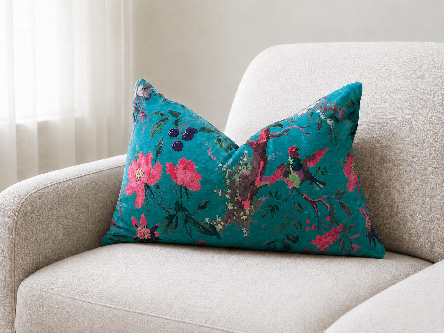 Elegant teal floral velvet cushion cover with bird design