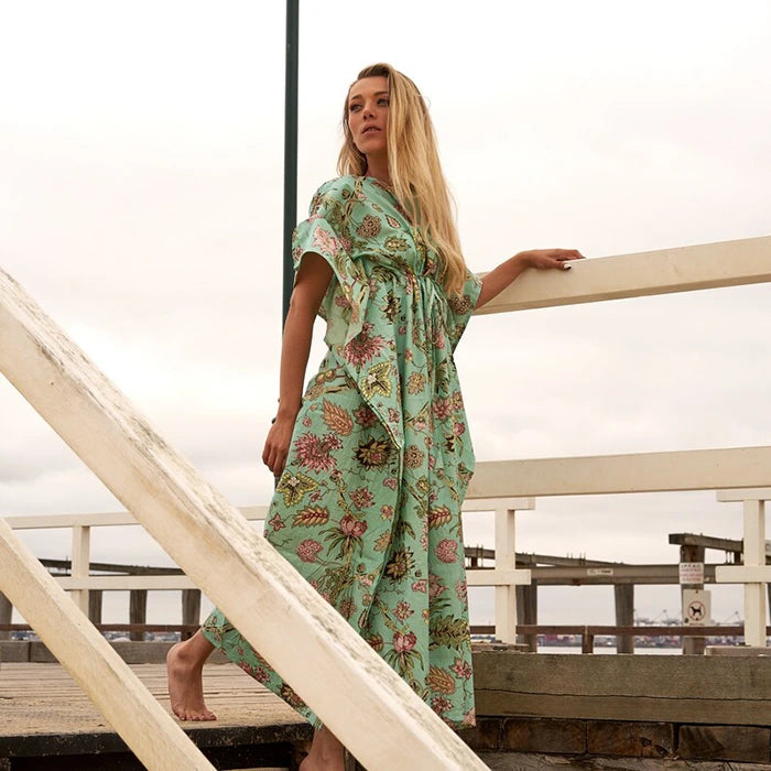 Cotton Kaftan, Caftan, Maxi Dress, Cotton Dress, Gift for her, Kimono Robe, Gift for Mum, Maternity Gown, Floral Green