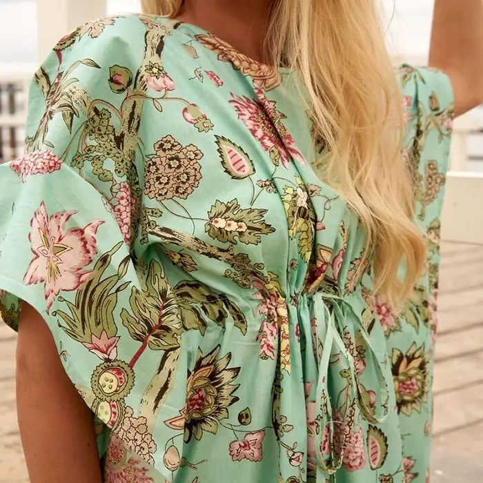 Cotton Kaftan, Caftan, Maxi Dress, Cotton Dress, Gift for her, Kimono Robe, Gift for Mum, Maternity Gown, Floral Green