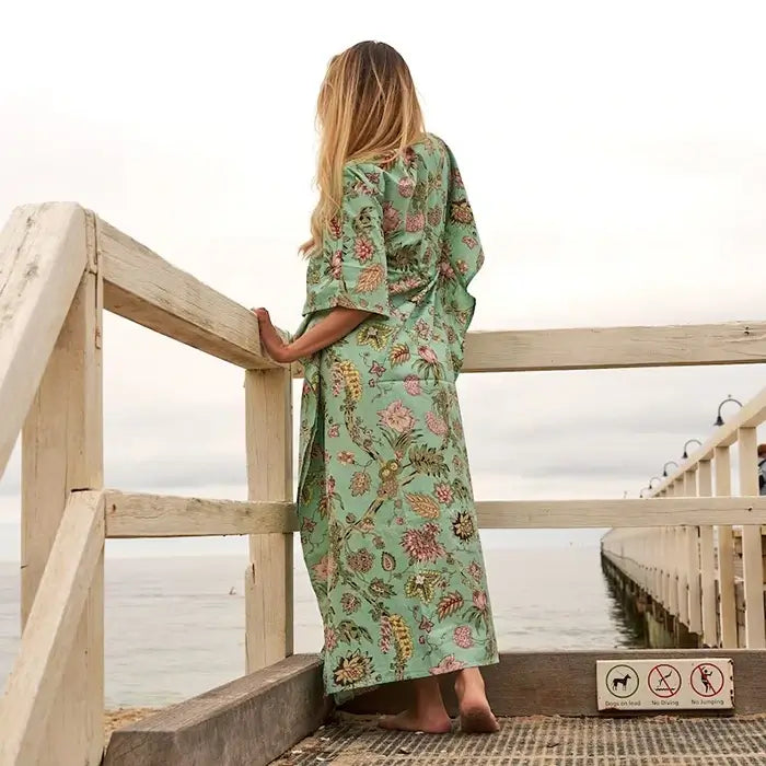 Cotton Kaftan, Caftan, Maxi Dress, Cotton Dress, Gift for her, Kimono Robe, Gift for Mum, Maternity Gown, Floral Green