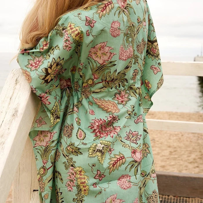 Cotton Kaftan, Caftan, Maxi Dress, Cotton Dress, Gift for her, Kimono Robe, Gift for Mum, Maternity Gown, Floral Green