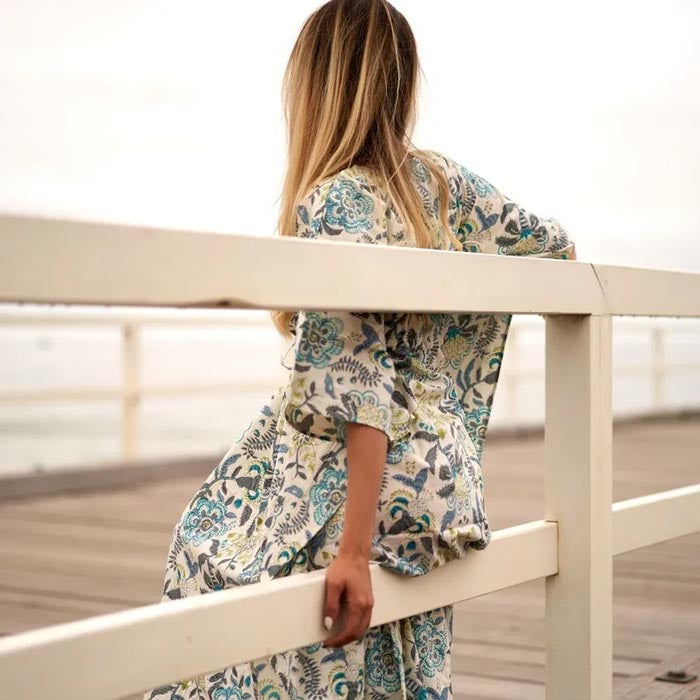 Cotton Kaftan Kimono Caridgan Summer Clothing Mother's Day Gift Maternity Gown Floral Christmas Gift for her Blue and White