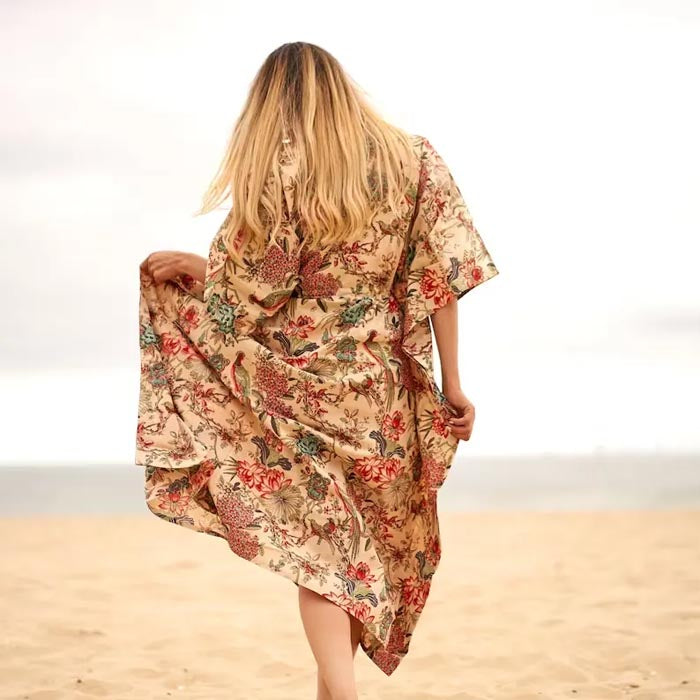 Cotton Kaftan Kimono Dress Caridgan Valentine Mother's Day Gift Maternity Wear Peacock Floral Print Christmas Gift for her Beige
