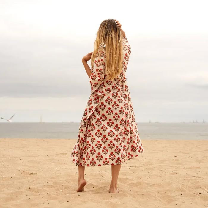 Cotton Kaftan Kimono Robe Mother's Day Gift Maxi Dress Maternity Gown Block Print Floral Gift for her Red