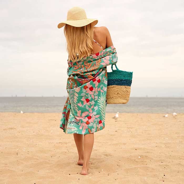 Linen Connections Cotton Kimono Bathrobe Frida Bird Bathrobe Turkish Bathrobe Cardigan Nightwear Dressing Gown CK128 Floral Green Monkey