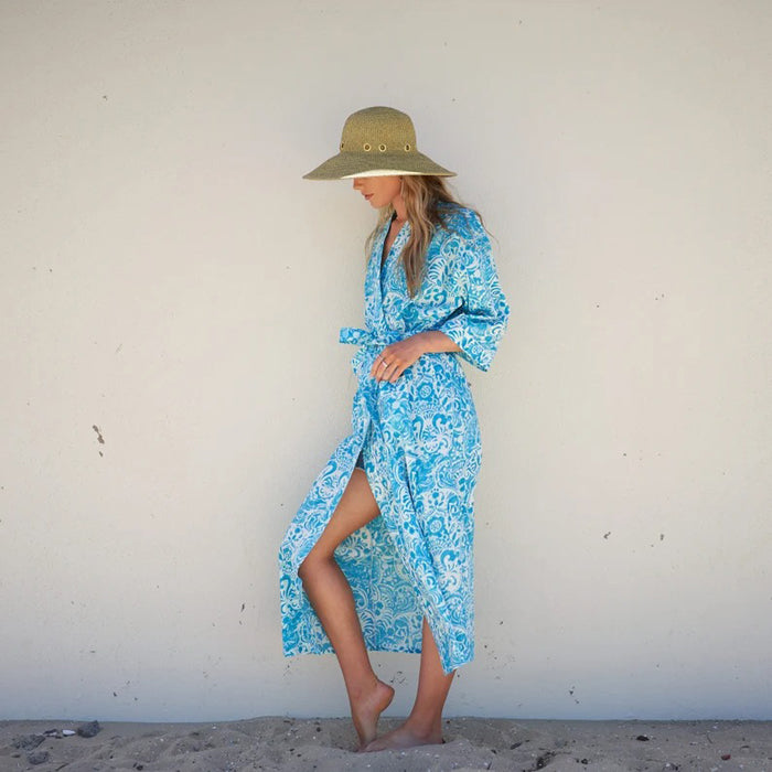 Linen Connections Cotton Kimono Bathrobe Frida Bird Bathrobe Turkish Bathrobe Cardigan Nightwear Dressing Gown CK151 Green Floral Anthro