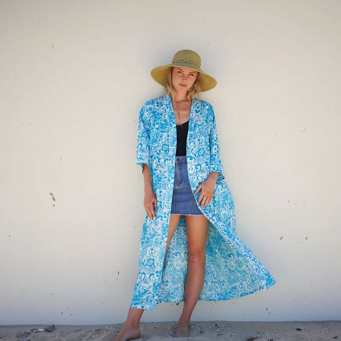 Linen Connections Cotton Kimono Bathrobe Frida Bird Bathrobe Turkish Bathrobe Cardigan Nightwear Dressing Gown CK151 Green Floral Anthro