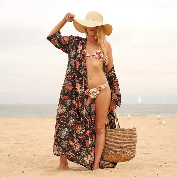 Linen Connections Cotton Kimono Bathrobe Frida Valentines Day GiftBird Bathrobe Turkish Bathrobe Cardigan Nightwear Dressing Gown CK123 Floral Black