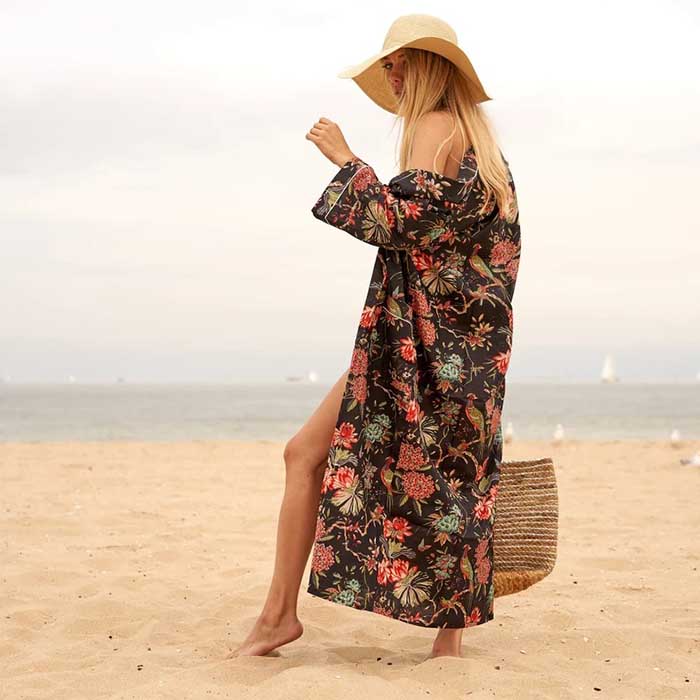 Linen Connections Cotton Kimono Bathrobe Frida Valentines Day GiftBird Bathrobe Turkish Bathrobe Cardigan Nightwear Dressing Gown CK123 Floral Black