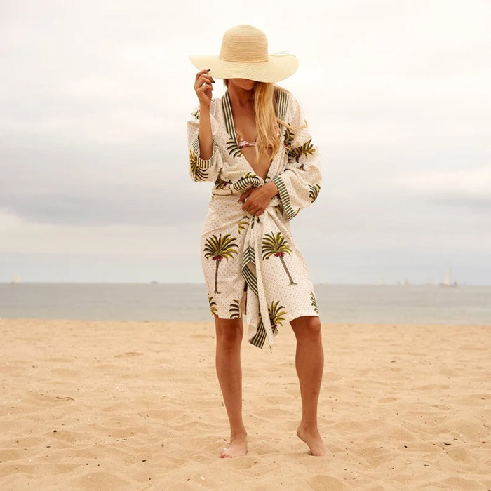 Linen Connections Cotton Kimono Bathrobe Frida Valentines Day GiftBird Bathrobe Turkish Bathrobe Cardigan Nightwear Dressing Gown CK172 White Palm Tree