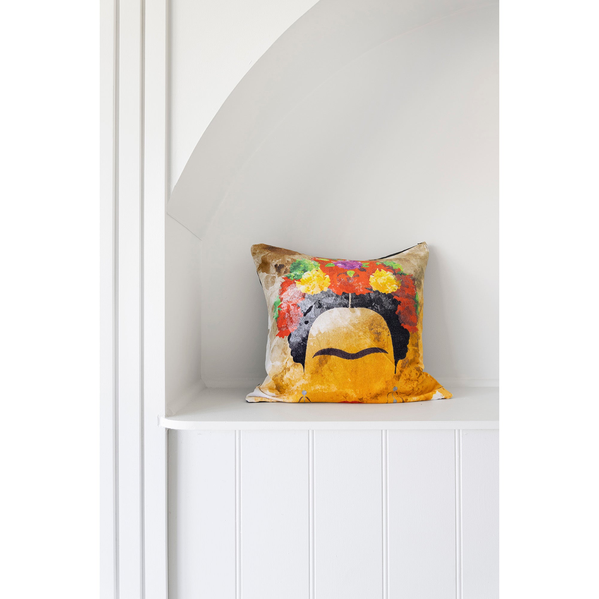 Mexican Painter Pillow Case, Frida Floral Decorative Cushion, Mexican Painter Art Garden Country Cushion Cover - Mustard Frida Face