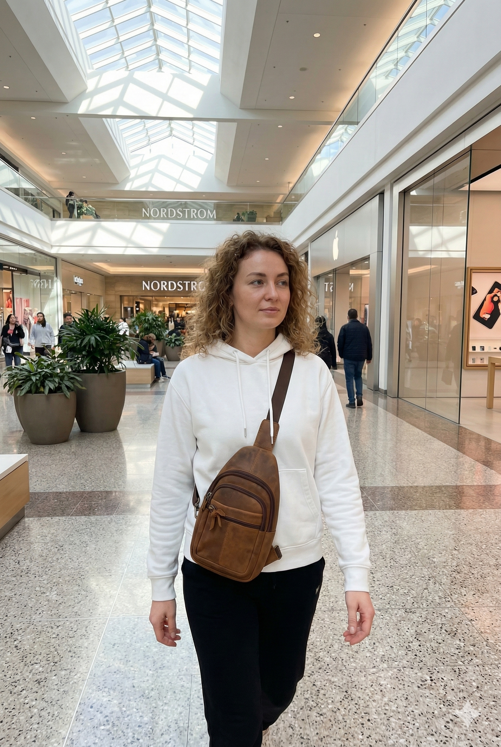 Everyday brown leather chest bag with adjustable crossbody strap