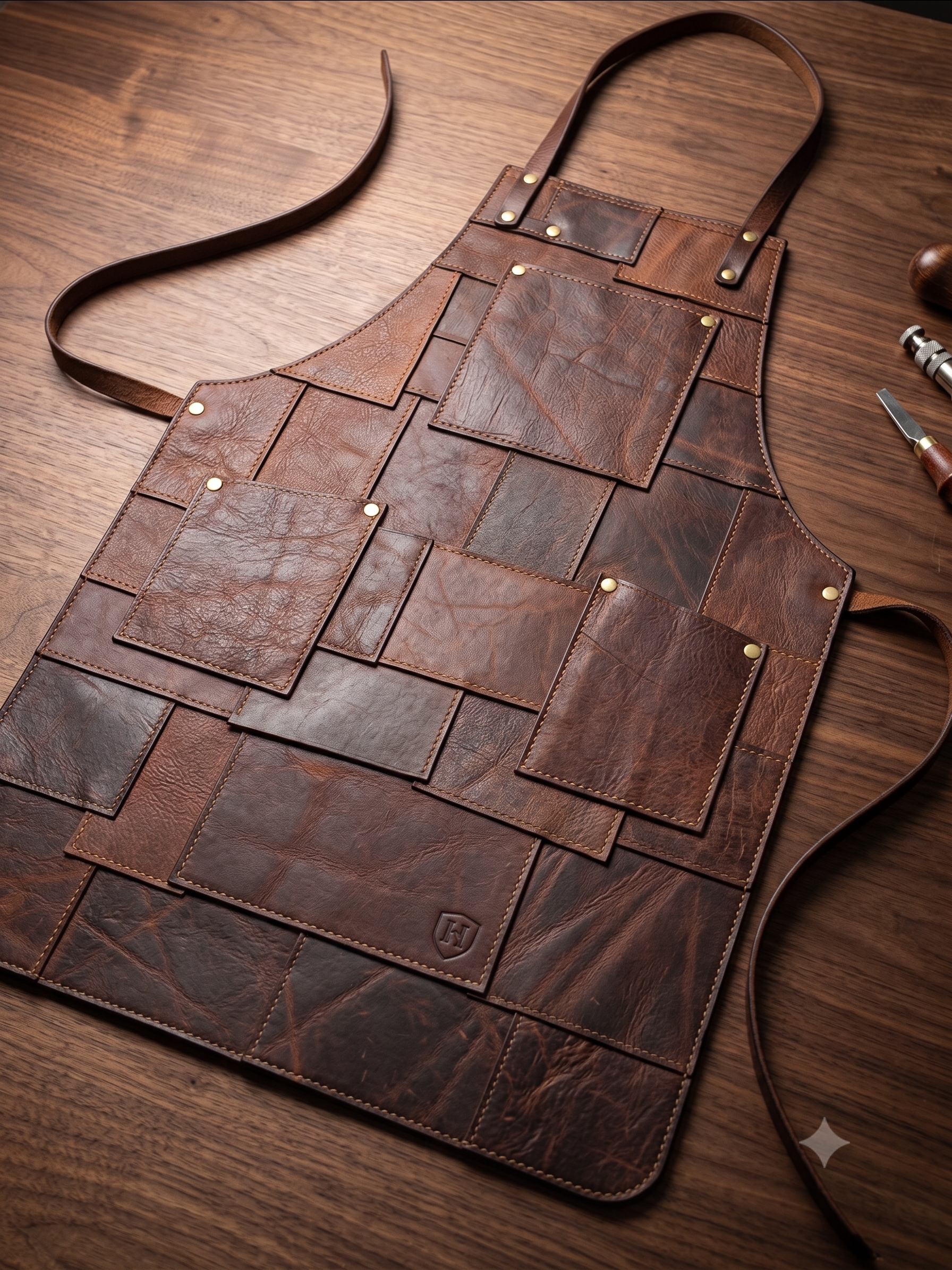 Rugged patchwork leather apron for chefs BBQ enthusiasts and artisans