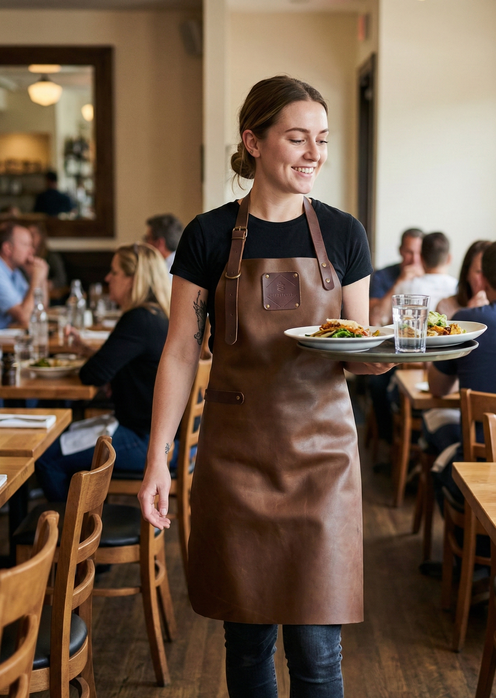 Premium brown full-length leather apron front view