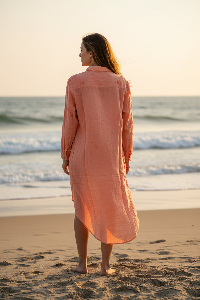 Women’s peach cotton shirt dress with delicate embroidered detailing