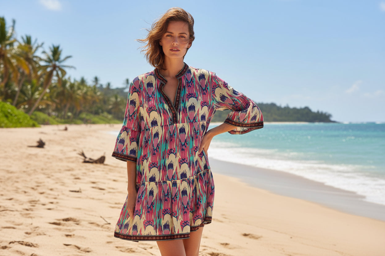 Boho cotton mini dress with colourful Ikat print for beach and resort wear
