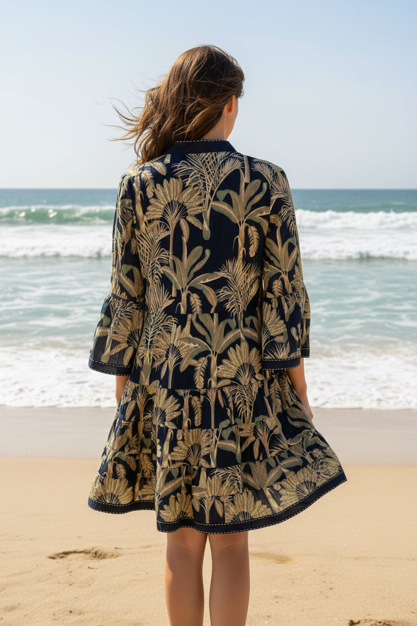 Women’s tropical print cotton mini dress with tiered silhouette