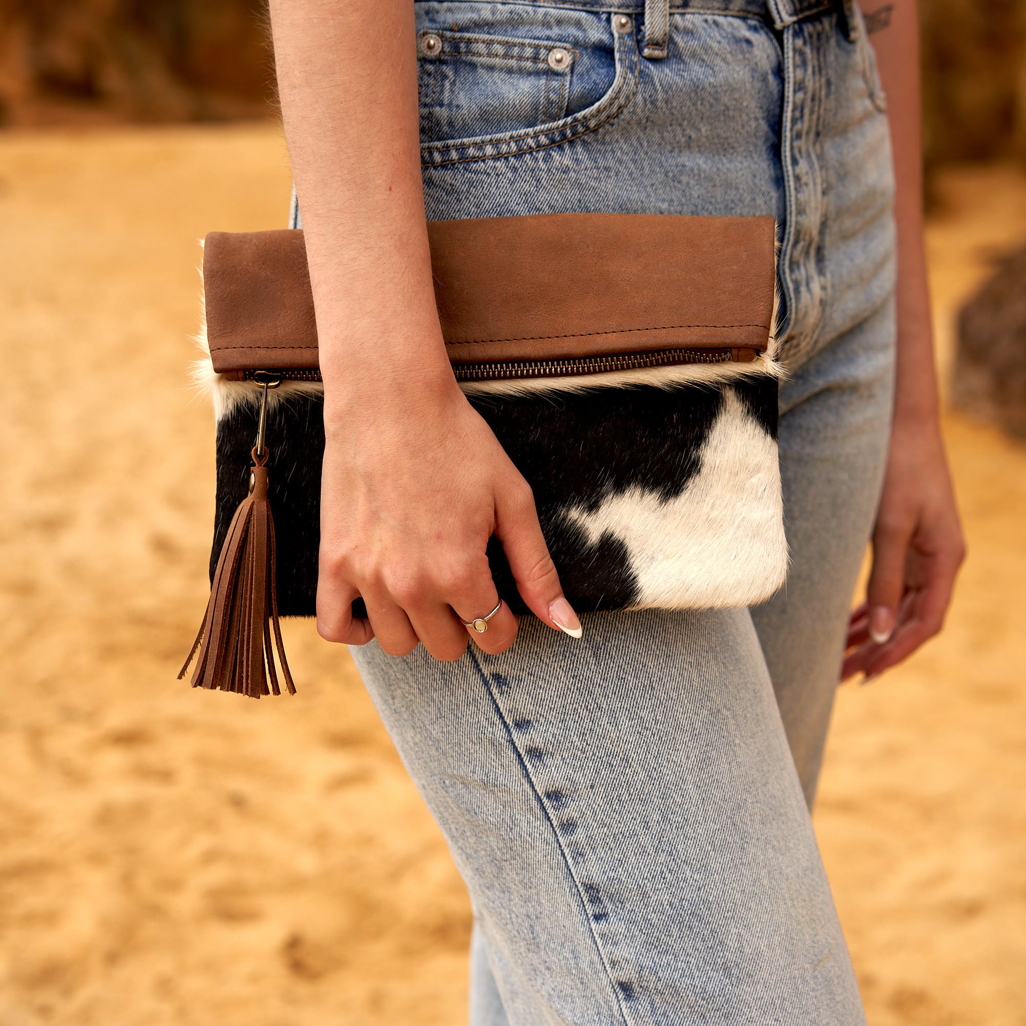Handmade Cowhide Purse Handbag Clutch Bag Brown Cow Hide Hair on Calf Hide Leather Fur