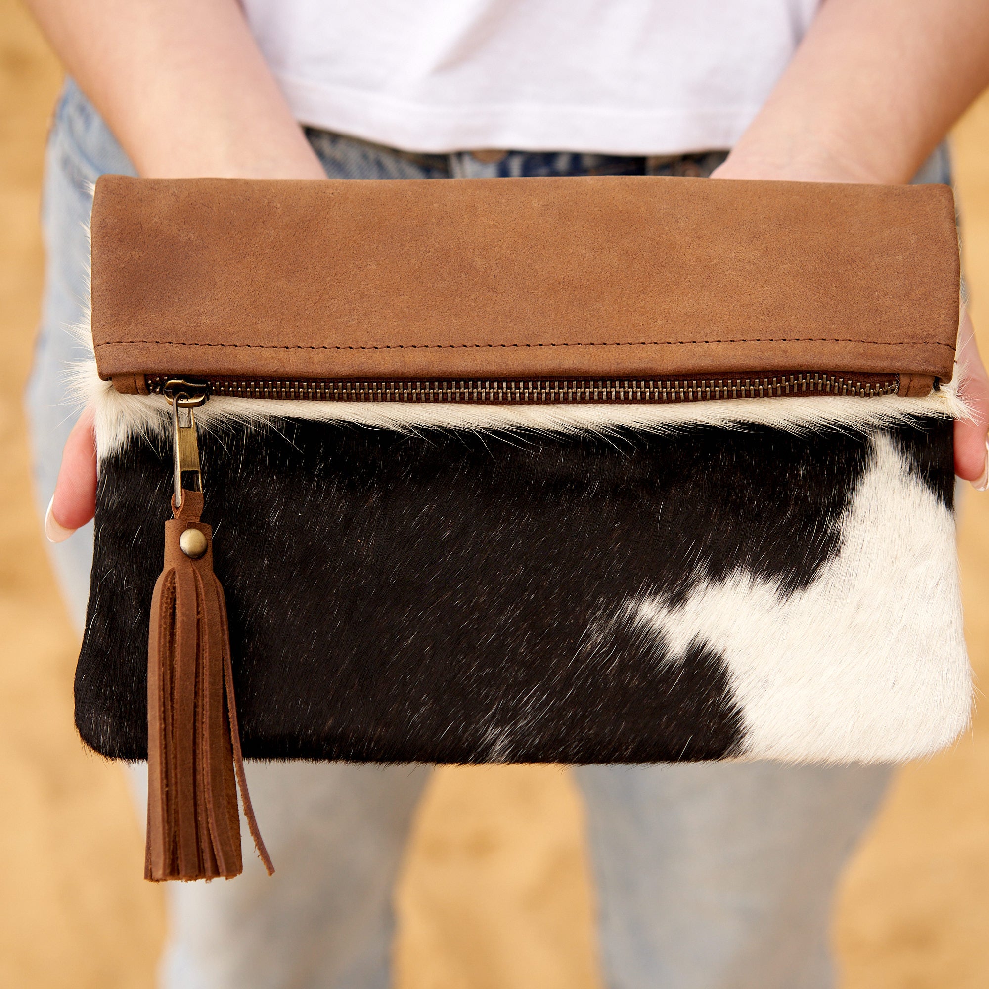 Handmade Cowhide Purse Handbag Clutch Bag Brown Cow Hide Hair on Calf Hide Leather Fur