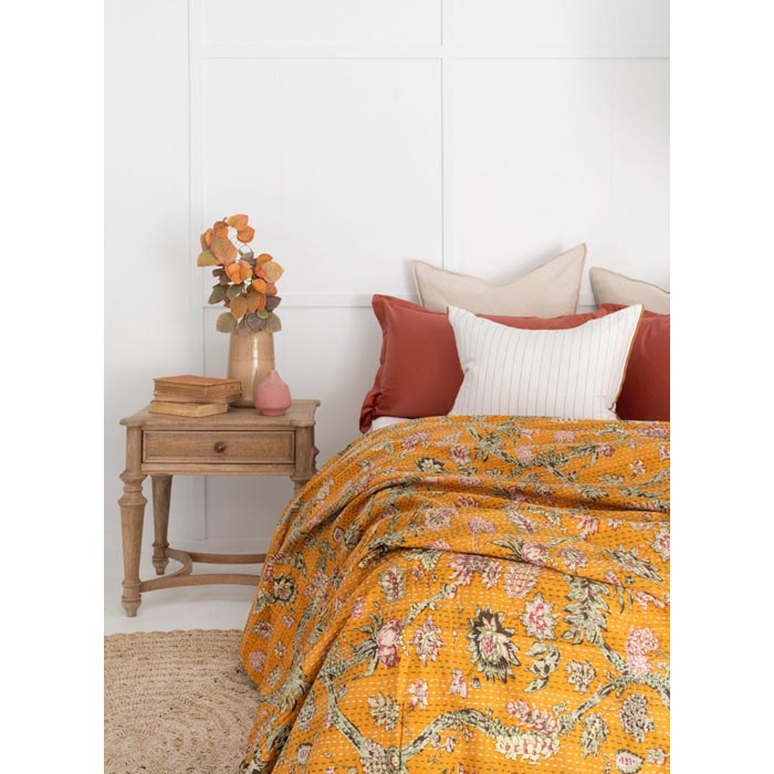 Kantha Quilt Indian Quilt Block Print Quilt Bedspread Bohemian Boho Cotton Throw Quilt Handmade Blanket Doona King Size KQ18