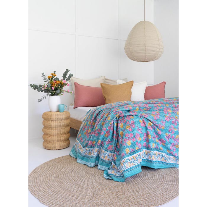 Kantha Quilt Indian Quilt Block Print Quilt Bedspread Bohemian Boho Cotton Throw Quilt Handmade Blanket Doona King Size KQ39