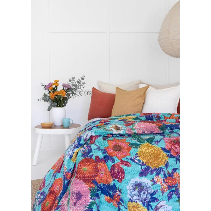 Kantha Quilt Indian Quilt Block Print Quilt Bedspread Bohemian Boho Cotton Throw Quilt Handmade Blanket Doona King Size KQ40