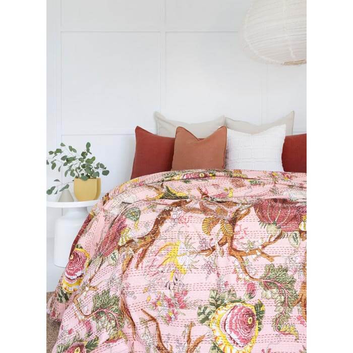 Kantha Quilt Indian Quilt Block Print Quilt Bedspread Bohemian Boho Cotton Throw Quilt Handmade Blanket Doona King Size KQ45