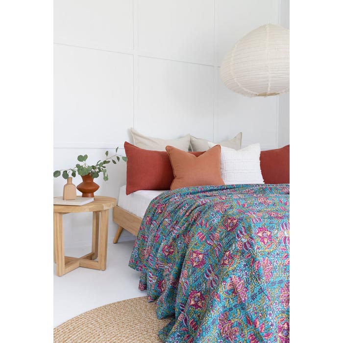 Kantha Quilt Indian Quilt Block Print Quilt Bedspread Bohemian Boho Cotton Throw Quilt Handmade Blanket Doona King Size KQ48