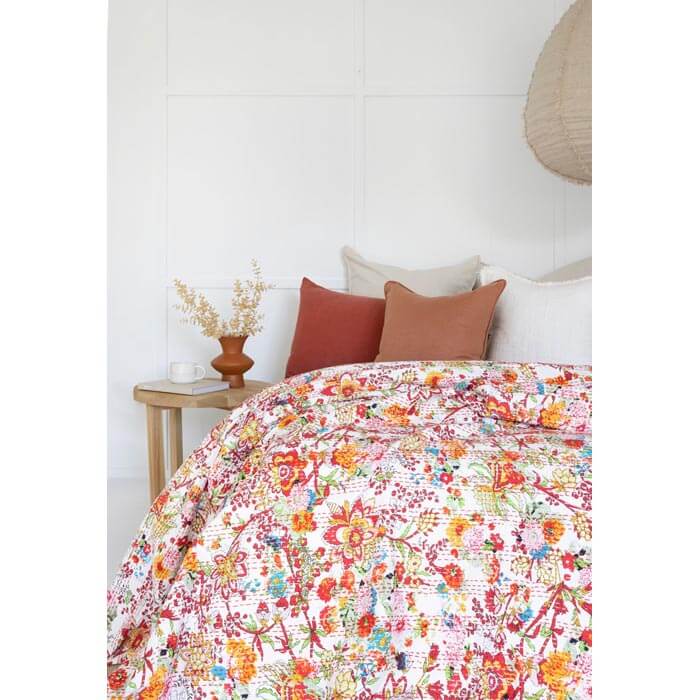 Kantha Quilt Indian Quilt Block Print Quilt Bedspread Bohemian Boho Cotton Throw Quilt Handmade Blanket Doona King Size KQ50