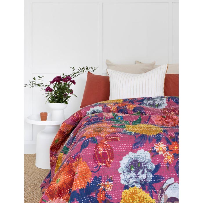Kantha Quilt Indian Quilt Block Print Quilt Bedspread Bohemian Boho Cotton Throw Quilt Handmade Blanket Doona King Size KQ60