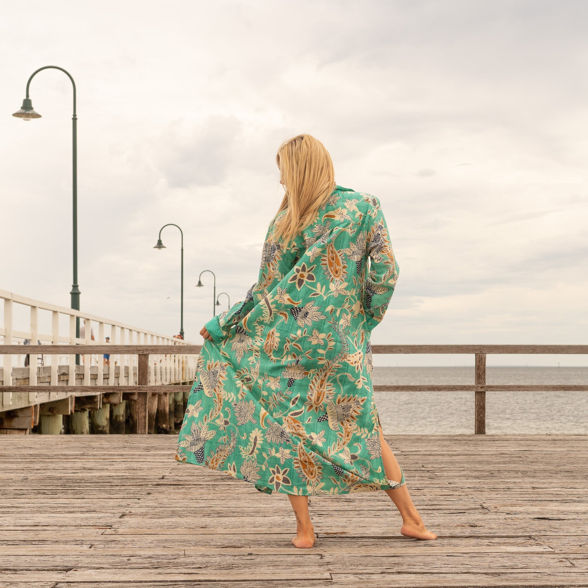 Botanical print cotton shirt dress with relaxed maxi silhouette