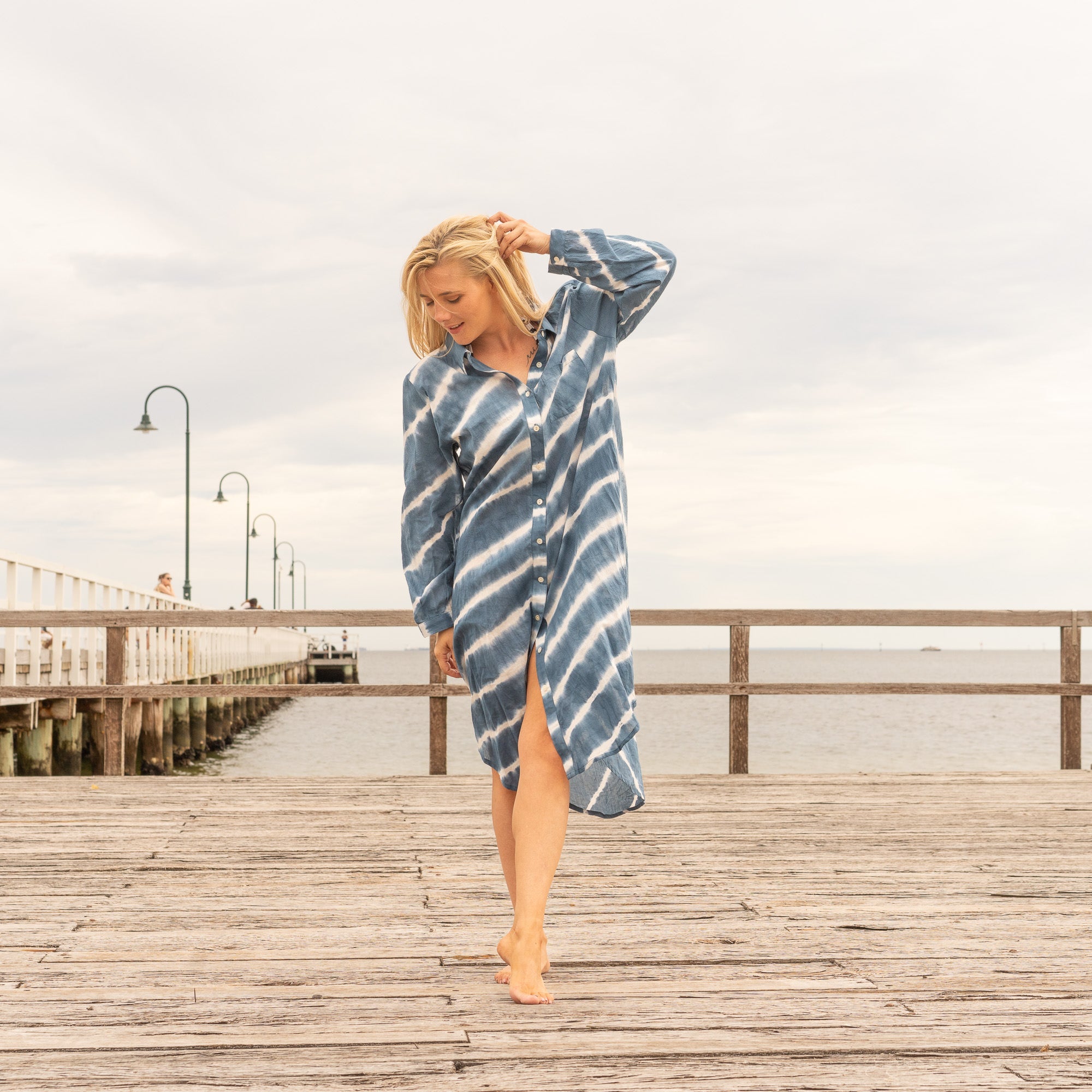 Women’s indigo cotton maxi dress with relaxed shirt dress silhouette