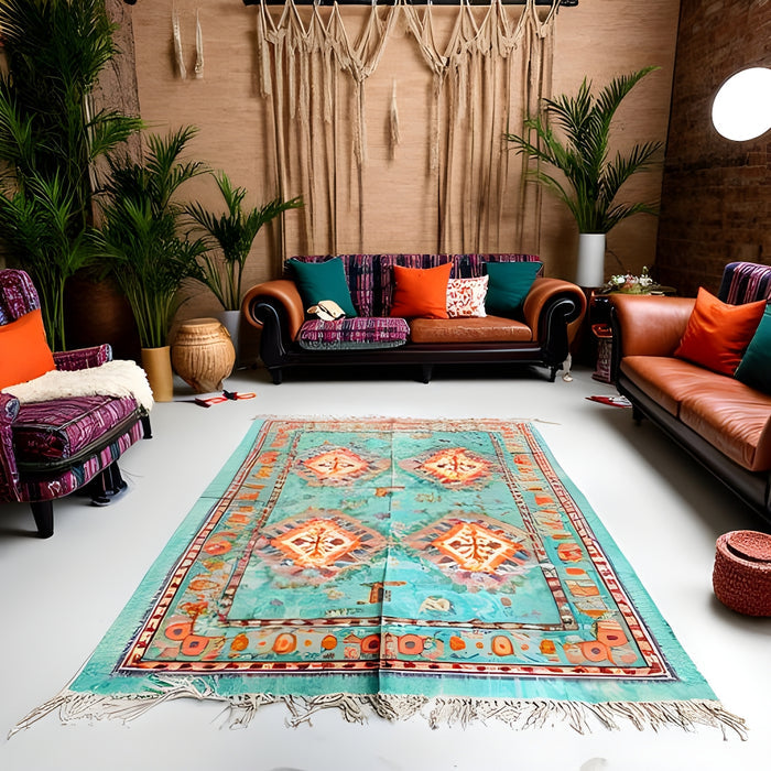 Boho Rug | Bohemian Turquoise Tribal | Handwoven Cotton Accent