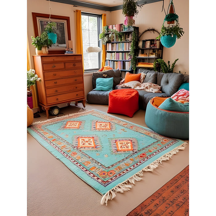 Boho Rug | Bohemian Turquoise Tribal | Handwoven Cotton Accent