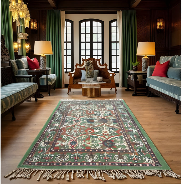 Boho Rug | Mughal-Inspired Botanical | Flatweave Cotton | Artisan-Made