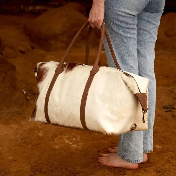 Real Cowhide Leather Duffel Bag Large Cowhide Travel Bag Tricolor Cowhide Patchwork Bag Brown Leather Weekender Gym Bag Overnight Bag CB1