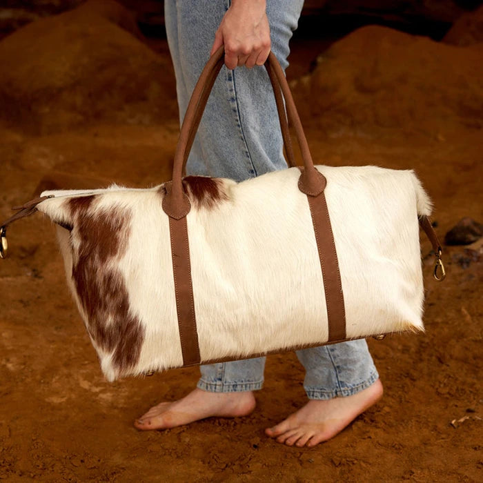 Real Cowhide Leather Duffel Bag Large Cowhide Travel Bag Tricolor Cowhide Patchwork Bag Brown Leather Weekender Gym Bag Overnight Bag CB1